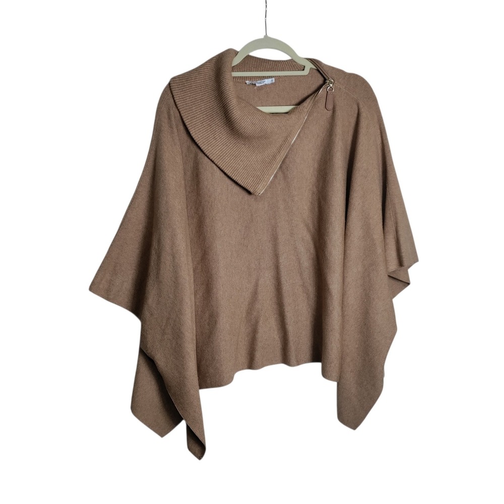 Chicos Womens Tan Knit Poncho Sweater Asymmetrical Zip Neck Brown S/M